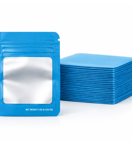 50 Pack – 3.5g Solid Color Mylar Bags with Square Window - Light Blue