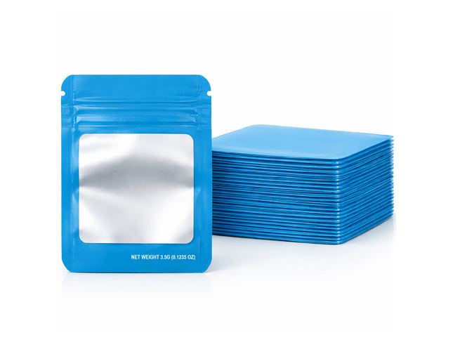 50 Pack – 3.5g Solid Color Mylar Bags with Square Window - Light Blue
