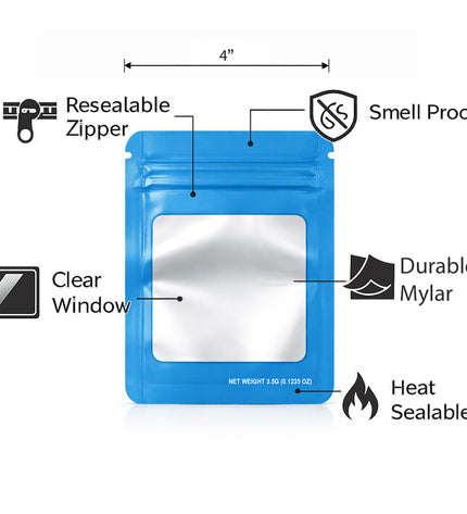 50 Pack – 3.5g Solid Color Mylar Bags with Square Window - Light Blue