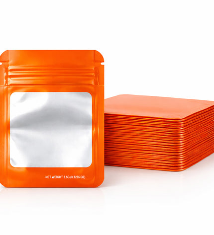 50 Pack – 3.5g Solid Color Mylar Bags with Square Window - Orange