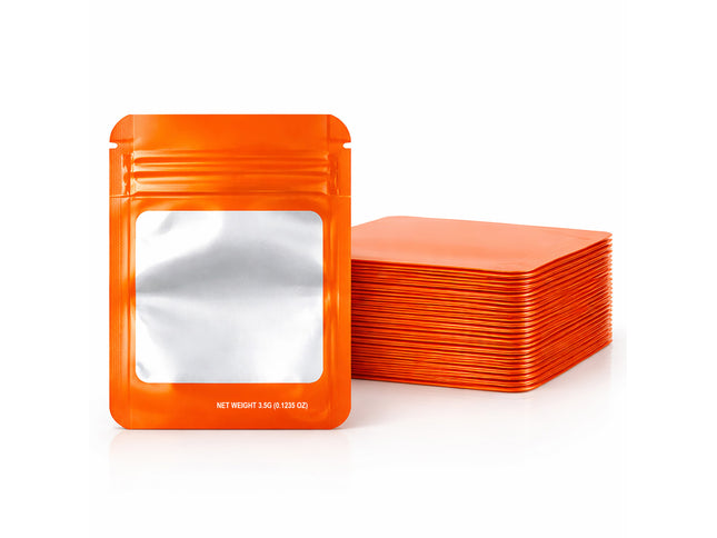 50 Pack – 3.5g Solid Color Mylar Bags with Square Window - Orange
