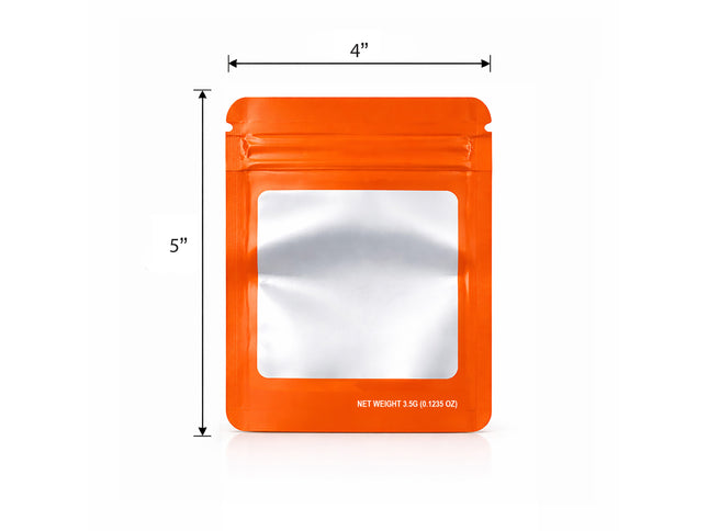 50 Pack – 3.5g Solid Color Mylar Bags with Square Window - Orange