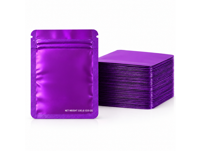 50 Pack – 3.5g Solid Color Mylar Bags Plain No Window - Metallic Purple