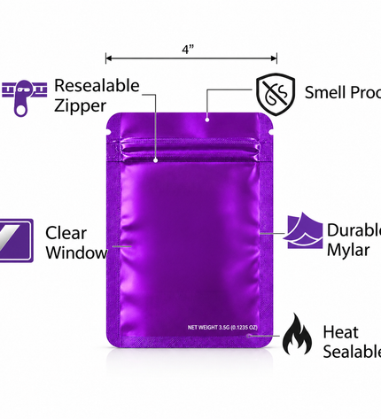 50 Pack – 3.5g Solid Color Mylar Bags Plain No Window - Metallic Purple