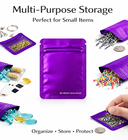 50 Pack – 3.5g Solid Color Mylar Bags Plain No Window - Metallic Purple