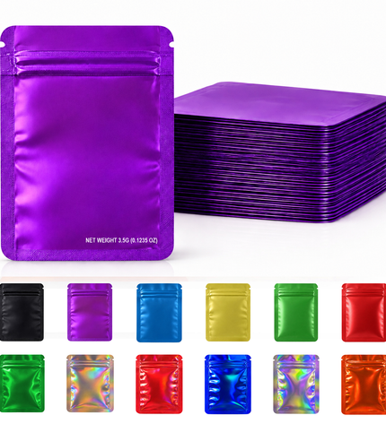 50 Pack – 3.5g Solid Color Mylar Bags Plain No Window - Metallic Purple