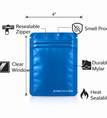 50 Pack – 3.5g Solid Color Mylar Bags Plain No Window - Metallic Blue