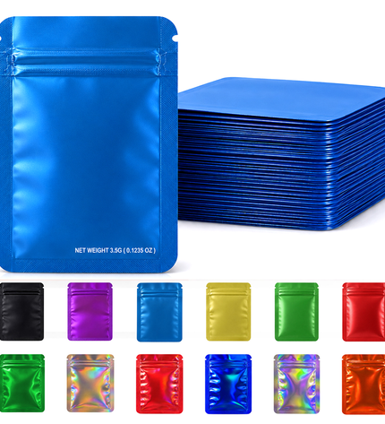 50 Pack – 3.5g Solid Color Mylar Bags Plain No Window - Metallic Blue