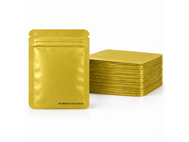 50 Pack – 3.5g Solid Color Mylar Bags Plain No Window - Metallic Gold