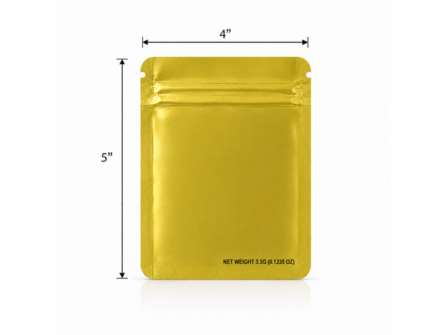 50 Pack – 3.5g Solid Color Mylar Bags Plain No Window - Metallic Gold