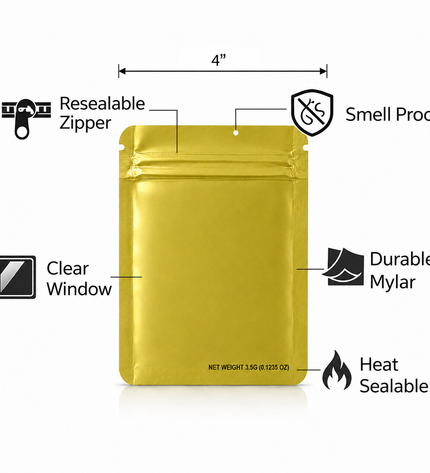 50 Pack – 3.5g Solid Color Mylar Bags Plain No Window - Metallic Gold