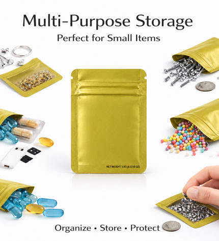 50 Pack – 3.5g Solid Color Mylar Bags Plain No Window - Metallic Gold