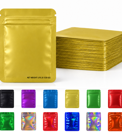 50 Pack – 3.5g Solid Color Mylar Bags Plain No Window - Metallic Gold