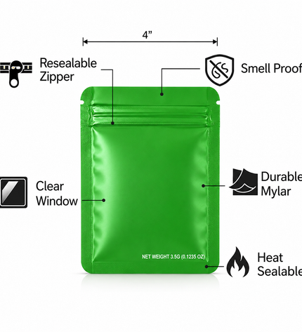 50 Pack – 3.5g Solid Color Mylar Bags Plain No Window - Metallic Forest Green