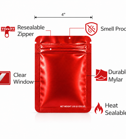 50 Pack – 3.5g Solid Color Mylar Bags Plain No Window - Metallic Red