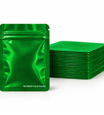 50 Pack – 3.5g Solid Color Mylar Bags Plain No Window - Metallic Glossy Green