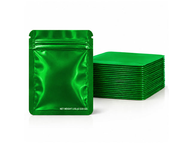 50 Pack – 3.5g Solid Color Mylar Bags Plain No Window - Metallic Glossy Green