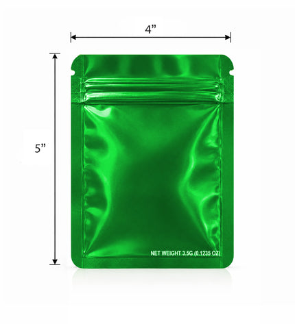 50 Pack – 3.5g Solid Color Mylar Bags Plain No Window - Metallic Glossy Green