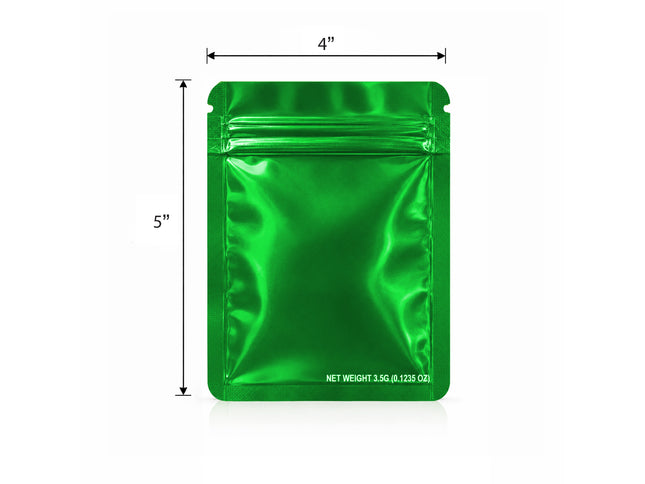 50 Pack – 3.5g Solid Color Mylar Bags Plain No Window - Metallic Glossy Green