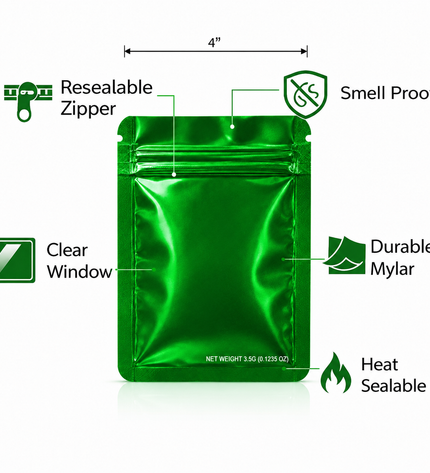 50 Pack – 3.5g Solid Color Mylar Bags Plain No Window - Metallic Glossy Green