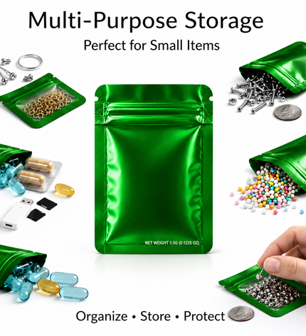 50 Pack – 3.5g Solid Color Mylar Bags Plain No Window - Metallic Glossy Green