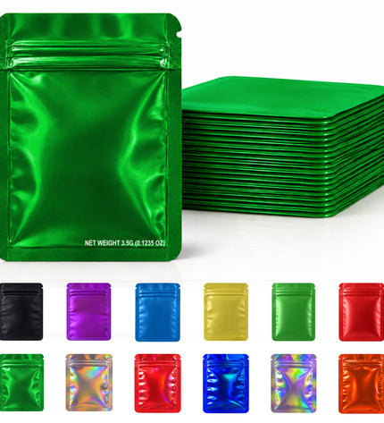 50 Pack – 3.5g Solid Color Mylar Bags Plain No Window - Metallic Glossy Green