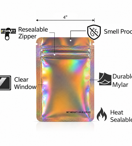 50 Pack – 3.5g Solid Color Mylar Bags Plain No Window - Metallic Holographic