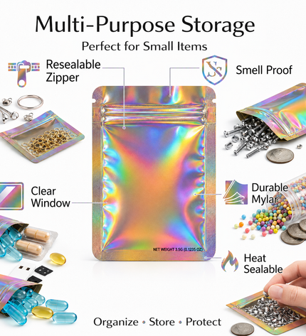 50 Pack – 3.5g Solid Color Mylar Bags Plain No Window - Metallic Holographic