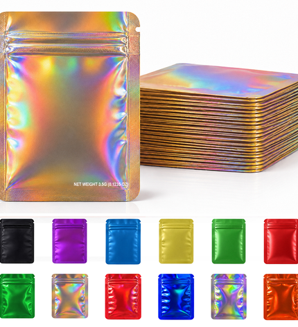 50 Pack – 3.5g Solid Color Mylar Bags Plain No Window - Metallic Holographic