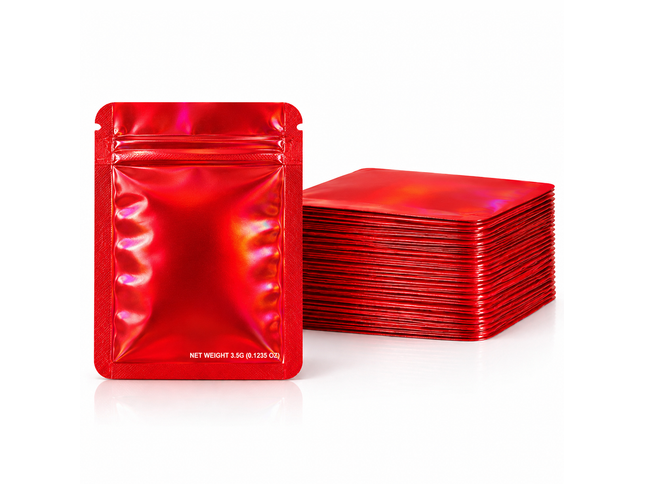 50 Pack – 3.5g Solid Color Mylar Bags Plain No Window - Metallic Hot Red
