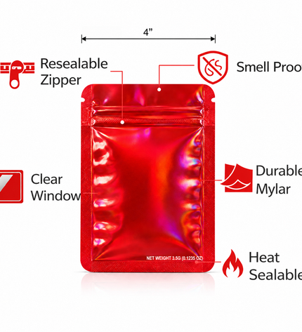 50 Pack – 3.5g Solid Color Mylar Bags Plain No Window - Metallic Hot Red