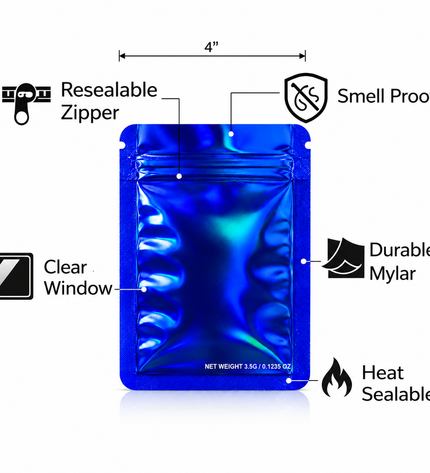 50 Pack – 3.5g Solid Color Mylar Bags Plain No Window - Metallic Royal Blue