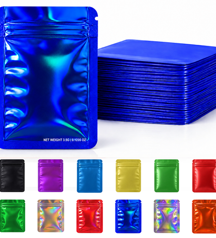 50 Pack – 3.5g Solid Color Mylar Bags Plain No Window - Metallic Royal Blue