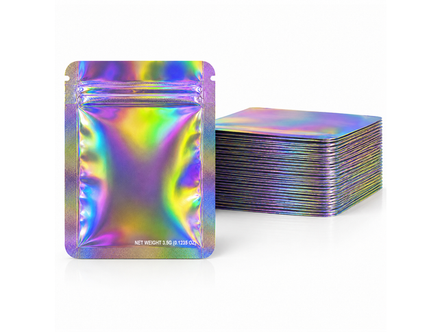 50 Pack – 3.5g Solid Color Mylar Bags Plain No Window - Metallic Rainbow Holographic