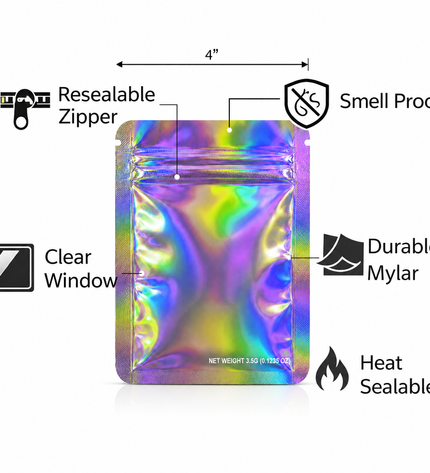 50 Pack – 3.5g Solid Color Mylar Bags Plain No Window - Metallic Rainbow Holographic