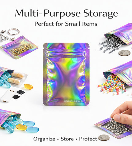 50 Pack – 3.5g Solid Color Mylar Bags Plain No Window - Metallic Rainbow Holographic