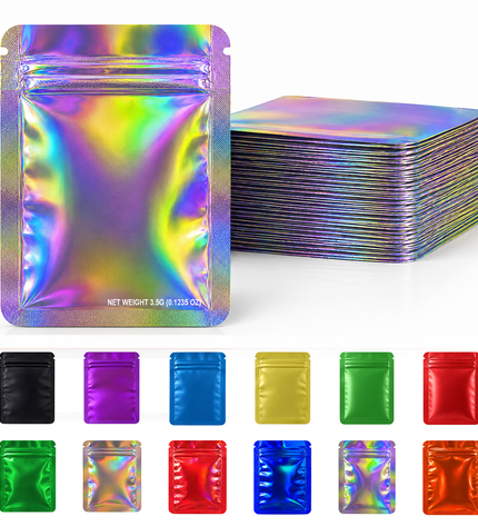 50 Pack – 3.5g Solid Color Mylar Bags Plain No Window - Metallic Rainbow Holographic