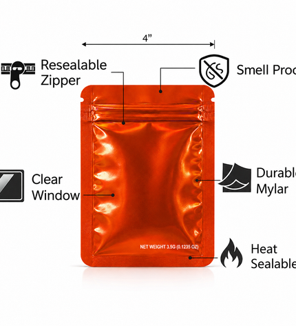 50 Pack – 3.5g Solid Color Mylar Bags Plain No Window - Metallic Orange