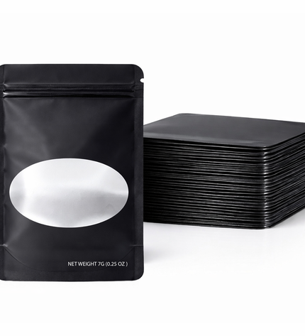 50 Pack – 14g Solid Color Mylar Bags with Oval Window - Black