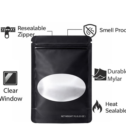 50 Pack – 7g Solid Color Mylar Bags with Oval Window - Black