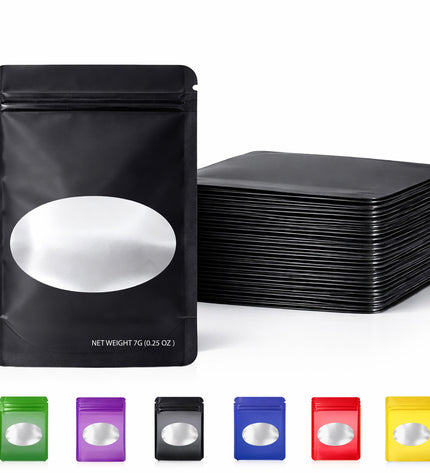 50 Pack – 7g Solid Color Mylar Bags with Oval Window - Black