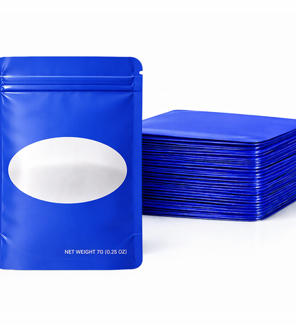 50 Pack – 7g Solid Color Mylar Bags with Oval Window - Royal Blue