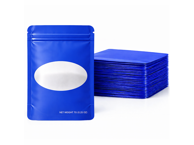 50 Pack – 7g Solid Color Mylar Bags with Oval Window - Royal Blue