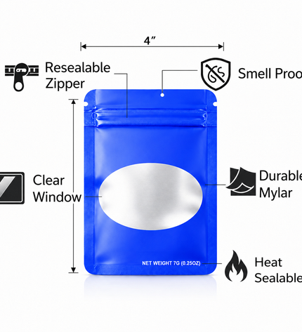 50 Pack – 14g Solid Color Mylar Bags with Oval Window - Royal Blue