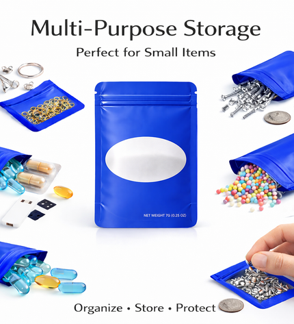 50 Pack – 14g Solid Color Mylar Bags with Oval Window - Royal Blue