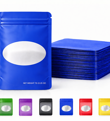 50 Pack – 7g Solid Color Mylar Bags with Oval Window - Royal Blue