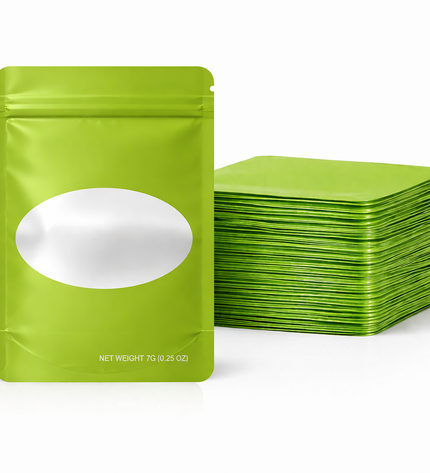 50 Pack – 14g Solid Color Mylar Bags with Oval Window - Green