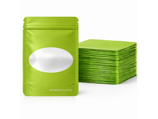 50 Pack – 14g Solid Color Mylar Bags with Oval Window - Green