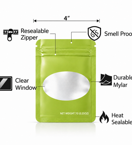 50 Pack – 14g Solid Color Mylar Bags with Oval Window - Green