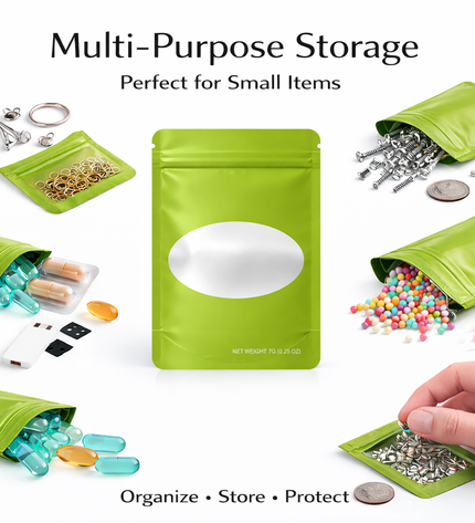 50 Pack – 7g Solid Color Mylar Bags with Oval Window - Green